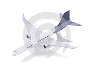 Passenger Airplane in flight with a minimalist design, isolated on white background, concept of travel and