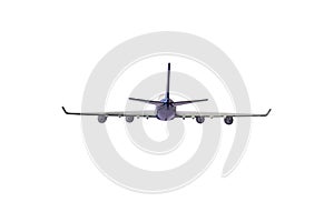 a passenger airplane fly in the air and travel destination journey isolated on white