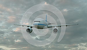 Passenger airplane flying above clouds front view , 3D rendering