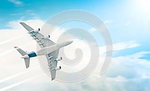 Passenger airplane flying in blue cloudy sky.