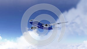Passenger airplane flying over the cloudy sky. Modern airliner journey. 3D render