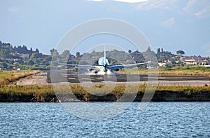 Passenger airplane landing on Corfu airport