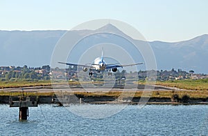 Passenger airplane landing on Corfu airport