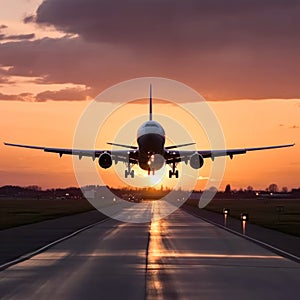 Passenger airplane landing on runway in airport