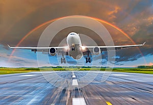 Passenger airplane landing at sunset rainbow on a runway.
