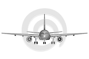 Passenger airplane model isolated on white background. Front view. 3D. Vector illustration