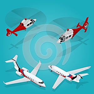 Passenger Airplane. Private jet. Passenger Helicopter. Isometric Transportation. Aircraft Vehicle. Air Transportation