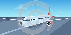 Passenger airplane on runway, front view. passenger aircraft takeoff illustration. Airport with aircraft on airfield. Vector