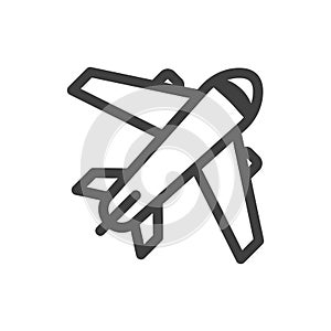 Passenger airplane simple linear icon. Linear image of the contour of an aircraft with two engines. Isolated vector on
