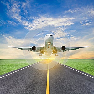 Passenger airplane take off from runways against beautiful sky