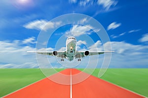 Passenger airplane take off from runways against beautiful sky,