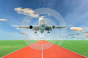 Passenger airplane take off from runways against beautiful sky,