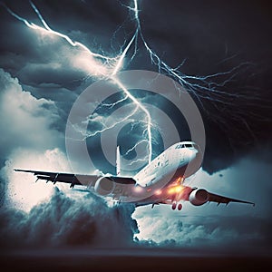 A passenger airplane takes off during a thunderstorm and narrowly avoids a lightning strike. Generated By AI photo