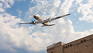 Passenger airplane taking off in the sunset sky generated by AI
