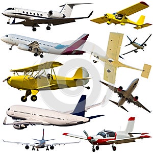 Passenger airplanes, gliders, gyroplanes, aircrafts isolated
