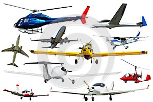 Passenger airplanes, gliders, gyroplanes, sports light aircraft isolated