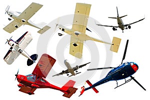 Passenger airplanes, gliders, gyroplanes, sports light aircraft isolated