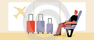 Passenger with baggage and hand luggage in airport lounge, Flat vector stock illustration with Passenger with suitcase and extra