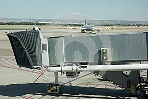 Passenger boarding bridge on airport. Aerobridge, Jetbridge, Jetway