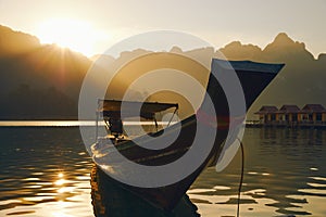 Passenger boat on Cheow Lan lake in Khao Sok National Park, Thailand. Postcard, poster, wallpaper