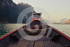 Passenger boat on Cheow Lan lake in Khao Sok National Park, Thailand. Postcard, poster, wallpaper