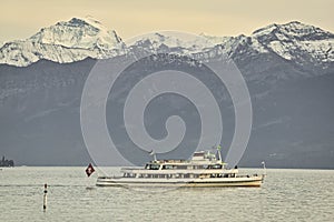 Passenger boat, Lake Thun with Berner Oberland in background