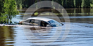 A passenger car is sinking in a body of water, devoid of any occupants, silently disappearing beneath the surface
