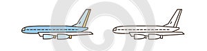 Passenger or cargo airliner, aircraft symbol. Plane or airplane flying in air. Commercial airlines. Modern
