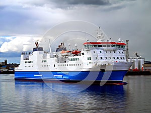 Passenger Cargo Ferry Leaving Port.