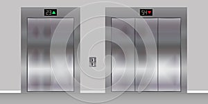 Passenger and cargo freight elevators with closed doors. Realistic vector illustration