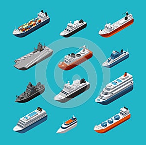 Passenger and cargo ships, sailing boats, yachts and vessels isometric vector transportation icons isolated