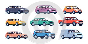 Passenger cars. Color city vehicles. Modern transport. Urban popular autos. Sport utility roadsters. Sedan and wagon