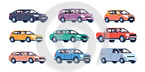 Passenger cars. Color city vehicles. Modern transport. Urban popular autos. Sport utility roadsters. Sedan and wagon photo