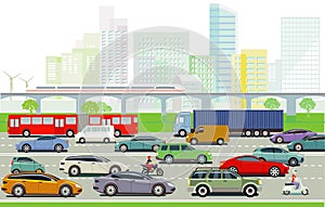 Passenger cars and trucks on the highway illustration