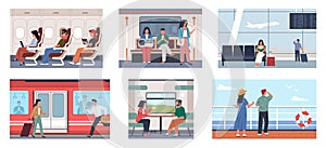 Passenger characters. People travel by train, bus and subway, public transport interior, persons standing and sitting