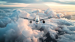 Passenger civil airplane jet flying at flight level high in the sky above the clouds and blue sky. Travel background