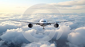 A passenger civil plane flies high in the sky above the clouds and blue sky. Travel background