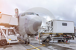 Passenger commercial aircraft, view of the cockpit. Flight service after arriving at the airport