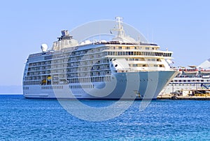 Passenger cruise ship. Large white passenger ship waiting in Rhodes Island port