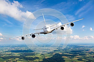 Passenger double decker plane flies against a background of a endless horizon. Aircraft left inclination / front view