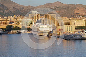 Passenger-and-freight ferry, port and city. Palermo, Italy