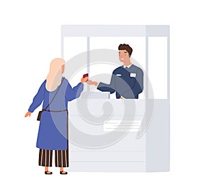 Passenger giving her document to friendly boarder guard while passing airport passport control. Colored flat vector