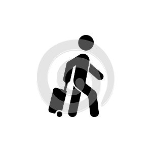 Passenger icon. Traveling bag icon. Pull bag for rolling. Man carrying suitcase sign. Tourist transportation. Cargo delivery.