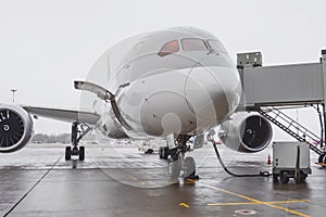 Passenger jet airliner at the boarding bridge at service before departure