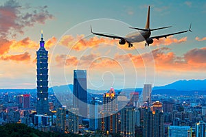 Passenger jet airliner plane arriving or departing Taipei, Taiwan