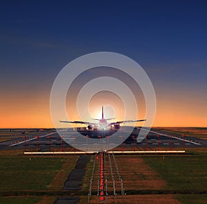 Passenger jet plane approaching on airport runways preparing to