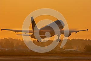 Passenger jet plane takes off in golden morning light