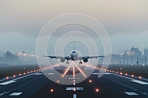 passenger jet taking off from a runway in the fog. The runway lights are barely visible, and there are trees in the