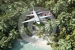 passenger light plane flies low over jungle and tropical beach