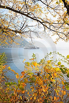 Passenger liner at lake Traunsee, Salzkammergut, view through colorful leaves in autumn